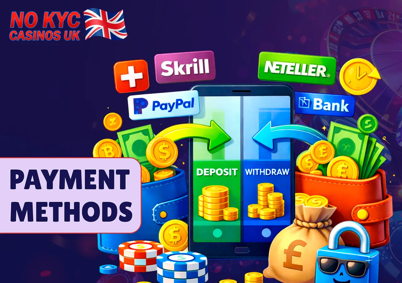 Payment methods in UK no-KYC casinos with fast deposits and quick withdrawals.